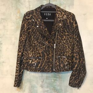 Veda Leather Leopard Print Moto Jacket